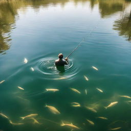 A person engaging in an unusual task of swimming and fishing simultaneously in a clear, sunlit lake.