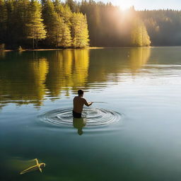 A person engaging in an unusual task of swimming and fishing simultaneously in a clear, sunlit lake.