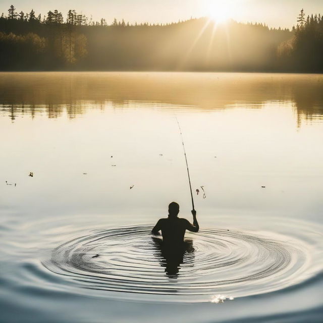 A person engaging in an unusual task of swimming and fishing simultaneously in a clear, sunlit lake.