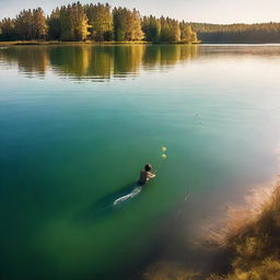 A person engaging in an unusual task of swimming and fishing simultaneously in a clear, sunlit lake.