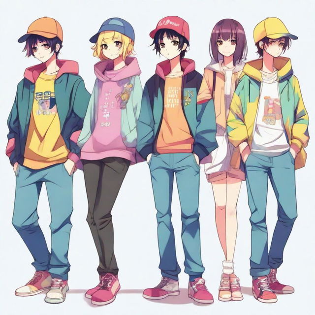 Anime style characters with colourful and stylish outfits showcasing their personalities.