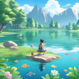 A character conjugating the activities of swimming and fishing simultaneously in a vibrant, crystal-clear lake.