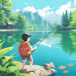 A character conjugating the activities of swimming and fishing simultaneously in a vibrant, crystal-clear lake.