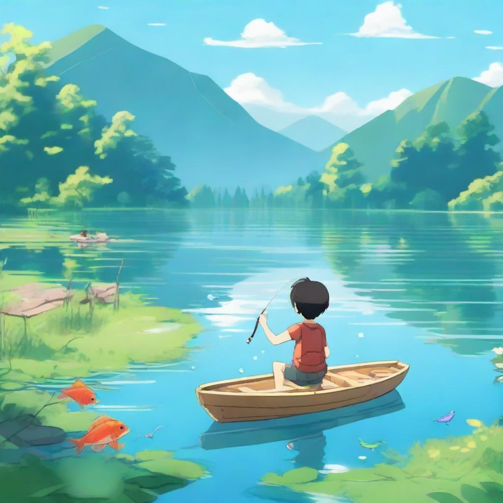 A character conjugating the activities of swimming and fishing simultaneously in a vibrant, crystal-clear lake.