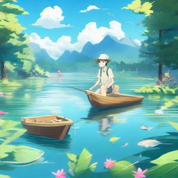 A character conjugating the activities of swimming and fishing simultaneously in a vibrant, crystal-clear lake.