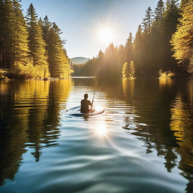 An image of a first-person perspective of someone engaging in the unique activity of swimming and fishing in a sunlit, sparkling lake.