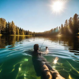 An image of a first-person perspective of someone engaging in the unique activity of swimming and fishing in a sunlit, sparkling lake.