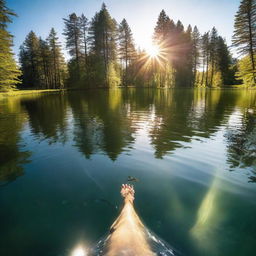 An image of a first-person perspective of someone engaging in the unique activity of swimming and fishing in a sunlit, sparkling lake.