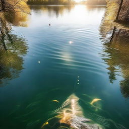 An image of a first-person perspective of someone engaging in the unique activity of swimming and fishing in a sunlit, sparkling lake.