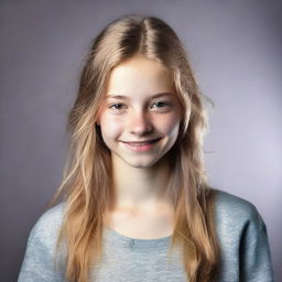 Portrait of a 15-year-old girl dressed in modern casual attire with light shining on her expressive face, displaying youthful energy and poise.