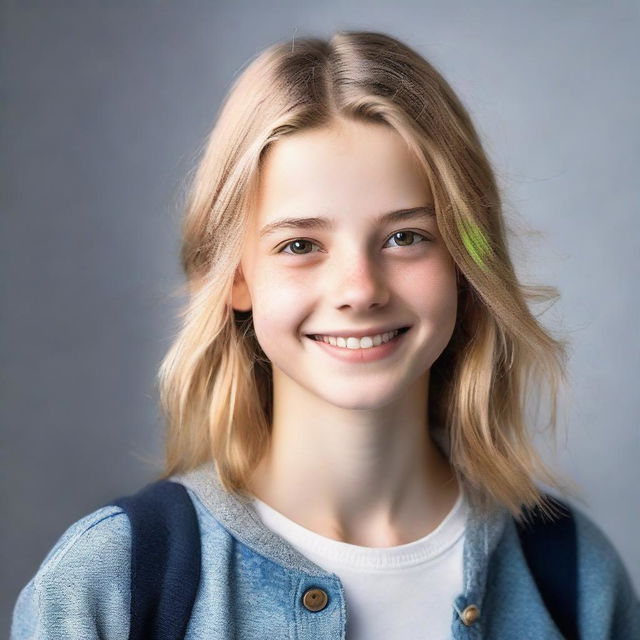 Portrait of a 15-year-old girl dressed in modern casual attire with light shining on her expressive face, displaying youthful energy and poise.