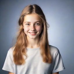 Portrait of a 15-year-old girl dressed in modern casual attire with light shining on her expressive face, displaying youthful energy and poise.