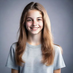 Portrait of a 15-year-old girl dressed in modern casual attire with light shining on her expressive face, displaying youthful energy and poise.