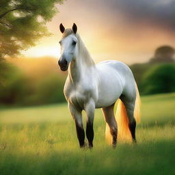 A beautifully detailed and majestic horse standing in a lush green meadow, with a backdrop of a stunning sunset.