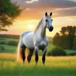 A beautifully detailed and majestic horse standing in a lush green meadow, with a backdrop of a stunning sunset.