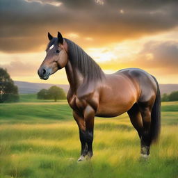 A beautifully detailed and majestic horse standing in a lush green meadow, with a backdrop of a stunning sunset.