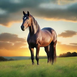 A beautifully detailed and majestic horse standing in a lush green meadow, with a backdrop of a stunning sunset.