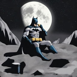 Batman sipping coffee while sitting on the moon, glimpsing down on Earth from the lunar surface.