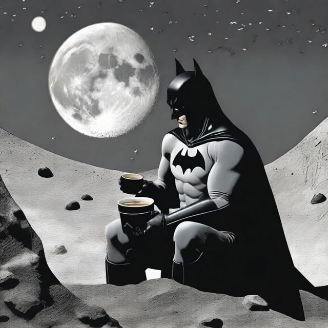 Batman sipping coffee while sitting on the moon, glimpsing down on Earth from the lunar surface.