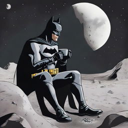 Batman sipping coffee while sitting on the moon, glimpsing down on Earth from the lunar surface.