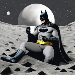 Batman sipping coffee while sitting on the moon, glimpsing down on Earth from the lunar surface.