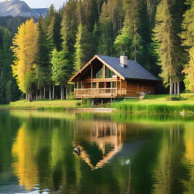 An idyllic chalet nestled in a forested environment, with a serene lake populated with ducks in front.