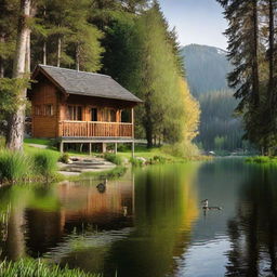 An idyllic chalet nestled in a forested environment, with a serene lake populated with ducks in front.