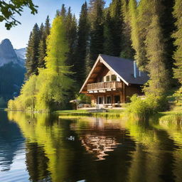 An idyllic chalet nestled in a forested environment, with a serene lake populated with ducks in front.