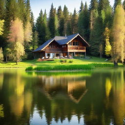 An idyllic chalet nestled in a forested environment, with a serene lake populated with ducks in front.