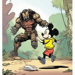 The Predator from the sci-fi series setting a playful, non-threatening chase sequence, resembling a cat-and-mouse game, with Mickey Mouse.