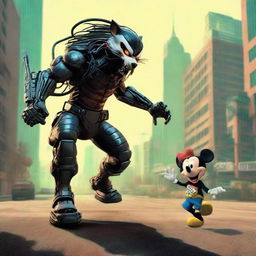 The Predator from the sci-fi series setting a playful, non-threatening chase sequence, resembling a cat-and-mouse game, with Mickey Mouse.