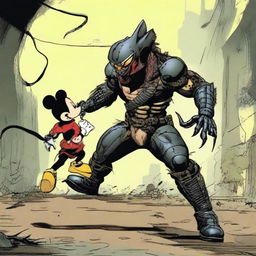 The Predator from the sci-fi series setting a playful, non-threatening chase sequence, resembling a cat-and-mouse game, with Mickey Mouse.