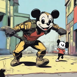 The Predator from the sci-fi series setting a playful, non-threatening chase sequence, resembling a cat-and-mouse game, with Mickey Mouse.