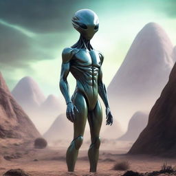 A realistic representation of an alien, complete with distinct sci-fi elements, standing in an otherworldly landscape.