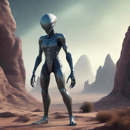 A realistic representation of an alien, complete with distinct sci-fi elements, standing in an otherworldly landscape.