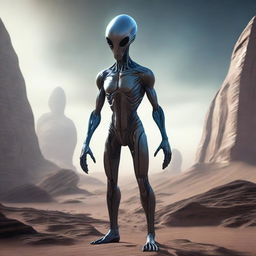 A realistic representation of an alien, complete with distinct sci-fi elements, standing in an otherworldly landscape.