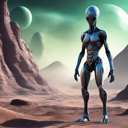 A realistic representation of an alien, complete with distinct sci-fi elements, standing in an otherworldly landscape.