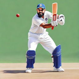 A realistic, detailed portrait of cricketer Virat Kohli in action, wearing his Indian cricket team uniform on the pitch.