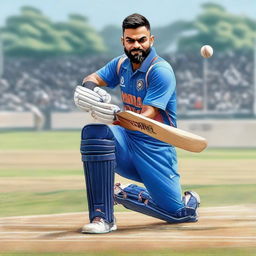 A realistic, detailed portrait of cricketer Virat Kohli in action, wearing his Indian cricket team uniform on the pitch.