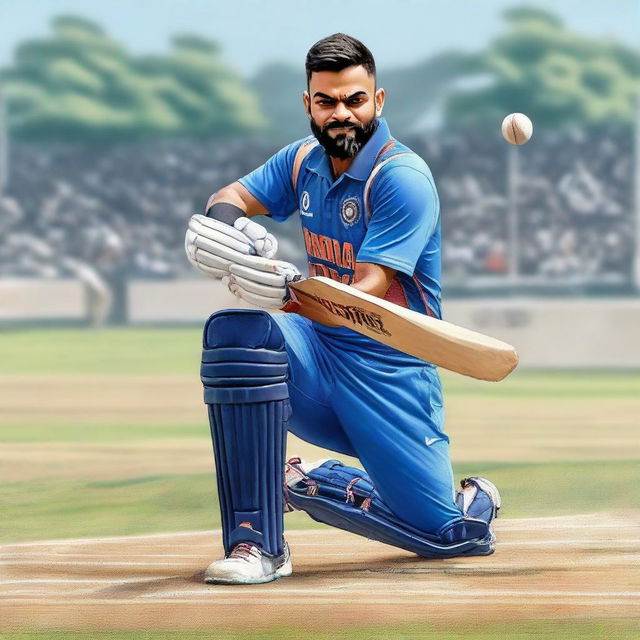 A realistic, detailed portrait of cricketer Virat Kohli in action, wearing his Indian cricket team uniform on the pitch.