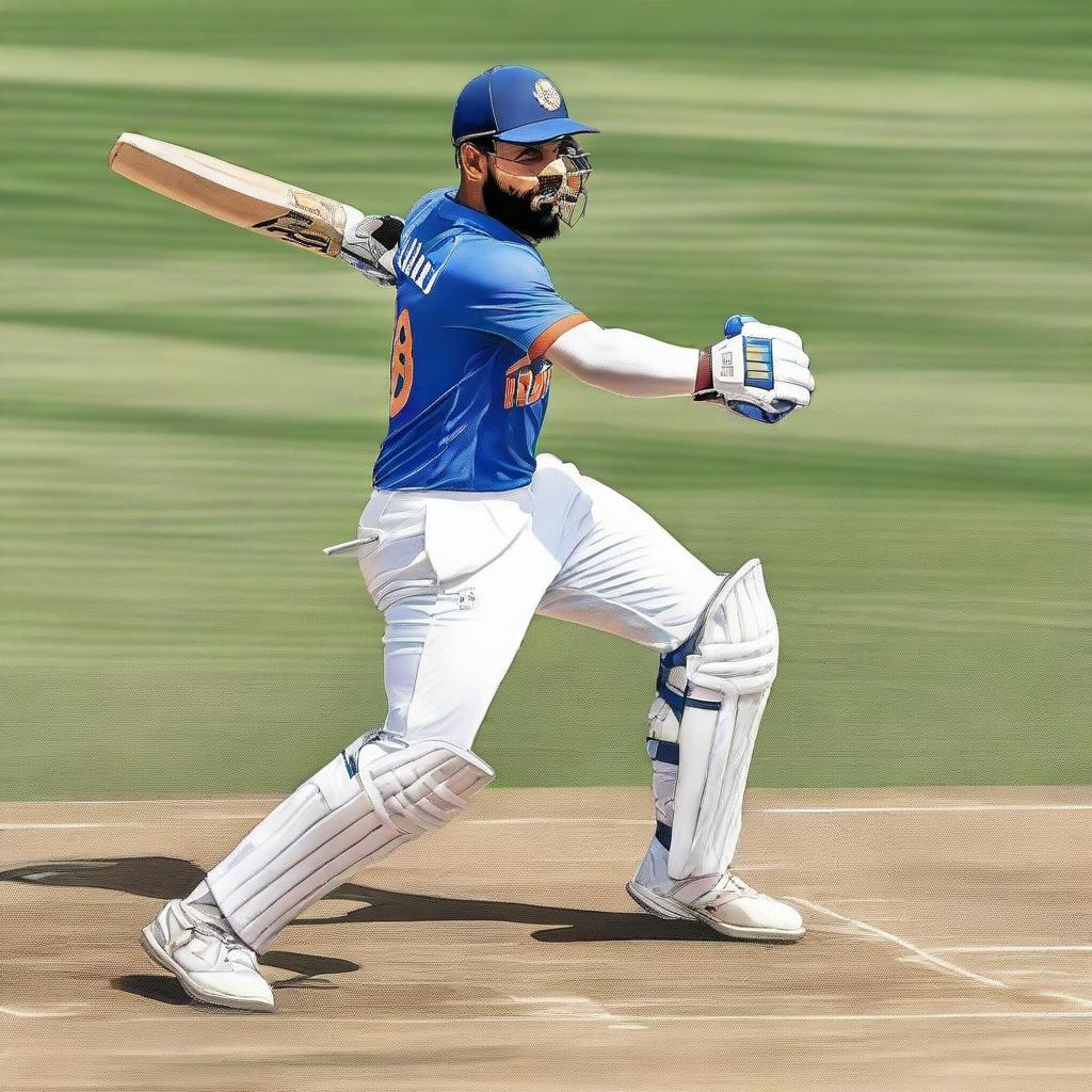 A realistic, detailed portrait of cricketer Virat Kohli in action, wearing his Indian cricket team uniform on the pitch.