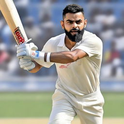 A realistic, detailed portrait of cricketer Virat Kohli in action, wearing his Indian cricket team uniform on the pitch.