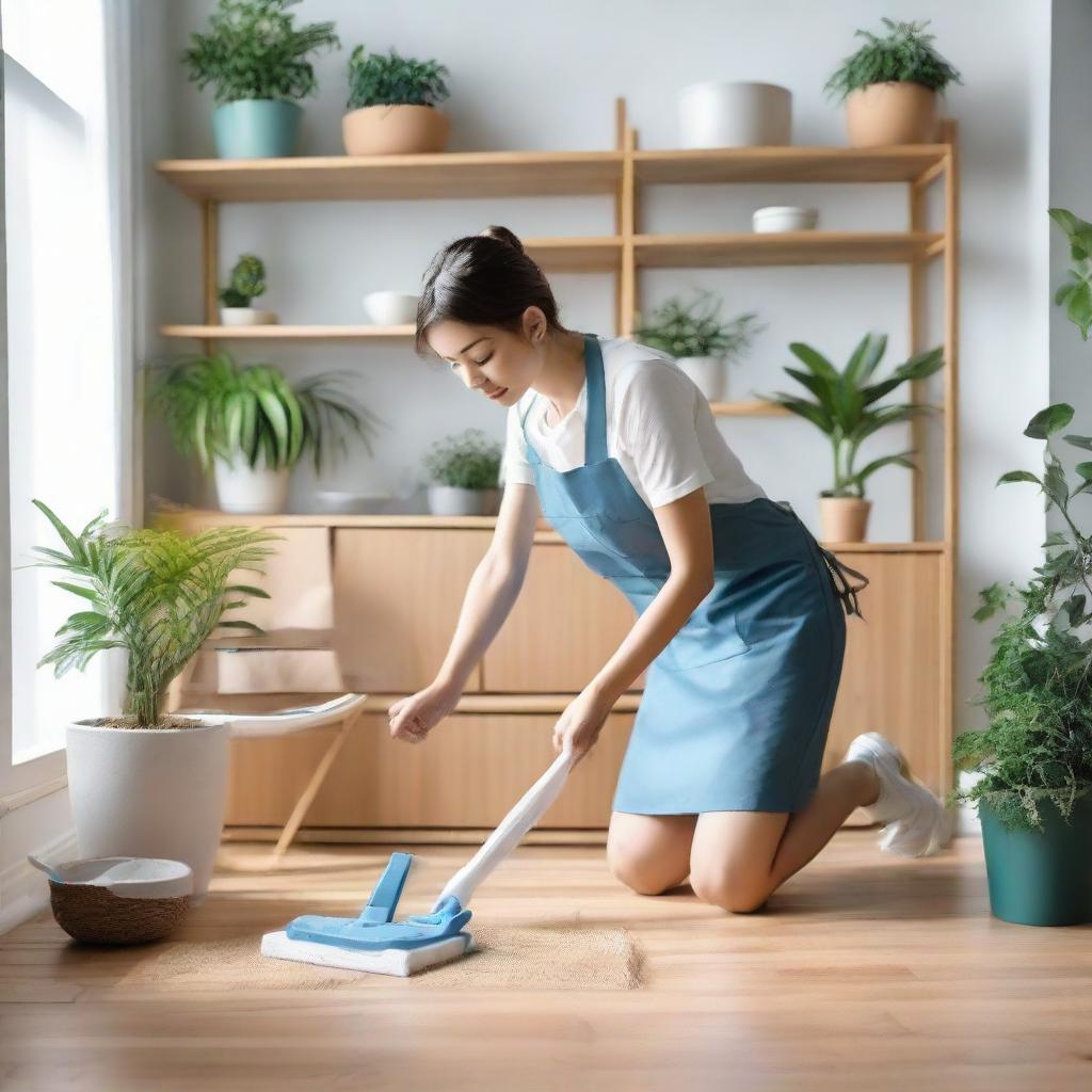 A person diligently cleaning their bright and organized surroundings, including furniture, indoor plants, and well-arranged items.