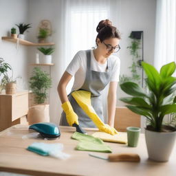 A person diligently cleaning their bright and organized surroundings, including furniture, indoor plants, and well-arranged items.