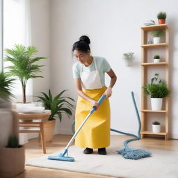 A person diligently cleaning their bright and organized surroundings, including furniture, indoor plants, and well-arranged items.