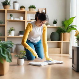 A person diligently cleaning their bright and organized surroundings, including furniture, indoor plants, and well-arranged items.