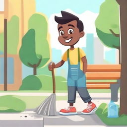 A cartoon character consistently maintaining the cleanliness of their outdoor environment, tending to trees, park benches, and cleaning trash off the streets.