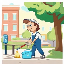 A cartoon character consistently maintaining the cleanliness of their outdoor environment, tending to trees, park benches, and cleaning trash off the streets.