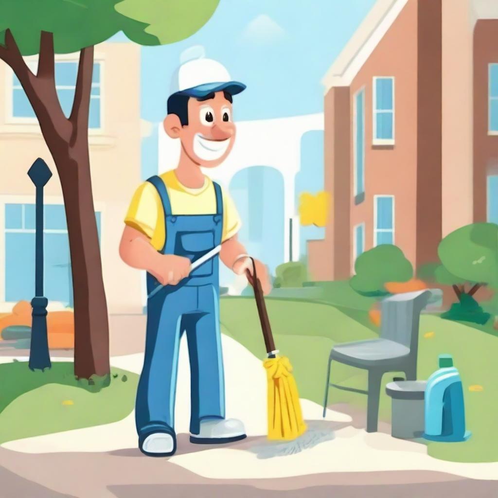 A cartoon character consistently maintaining the cleanliness of their outdoor environment, tending to trees, park benches, and cleaning trash off the streets.