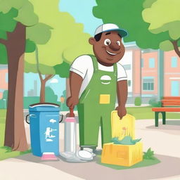 A cartoon character consistently maintaining the cleanliness of their outdoor environment, tending to trees, park benches, and cleaning trash off the streets.